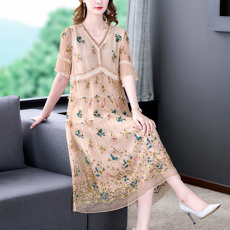 Female Floral Natural Silk Embroidery Midi Dress Summer Light Elegant Beach Sundress 2022 New Boho Korean Fashion Bodycon Dress