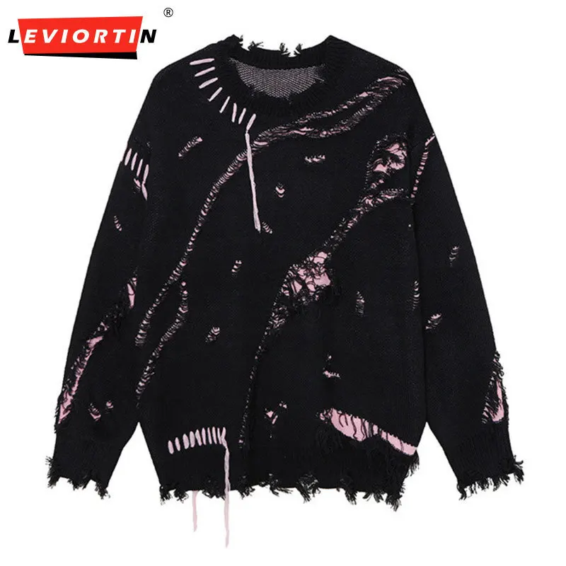 

Men's fashion versatile lazy style design sense niche casual comfort loose round neck perforated long sleeved knitted sweater