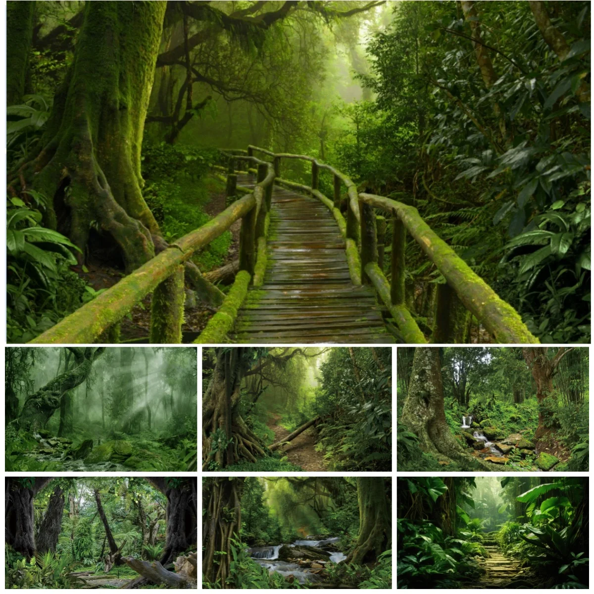 Tropical Rainforest Photography Backdrops Misty Mossy Wooden Bridge Stream Outdoor Adventure Nature Portrait Decor Backgrounds