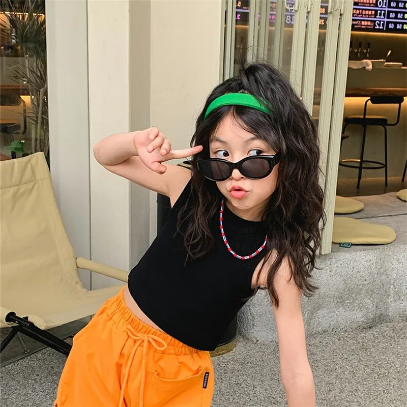 Colete de verão para meninas, moda infantil, tendência de personalidade, versão coreana, esportes, irregular, ombro de fora, suspensório curto