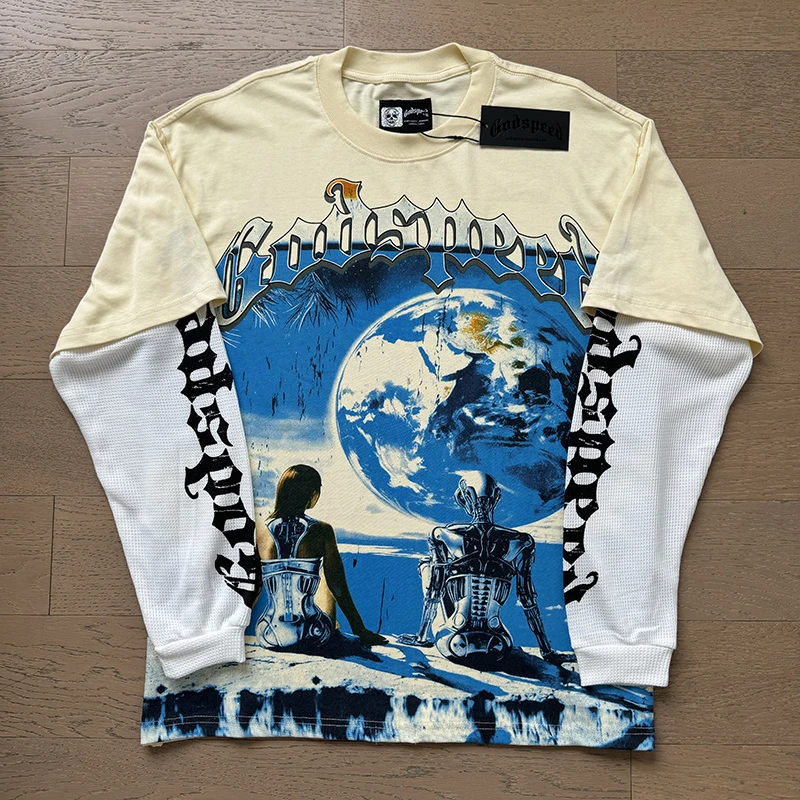 Harajuku جديد Godspeed لصق بأكمام طويلة تي شيرت الرجال الملابس شارع العليا الهيب هوب ماركة المشمش عادية طباعة القطن تي شيرت