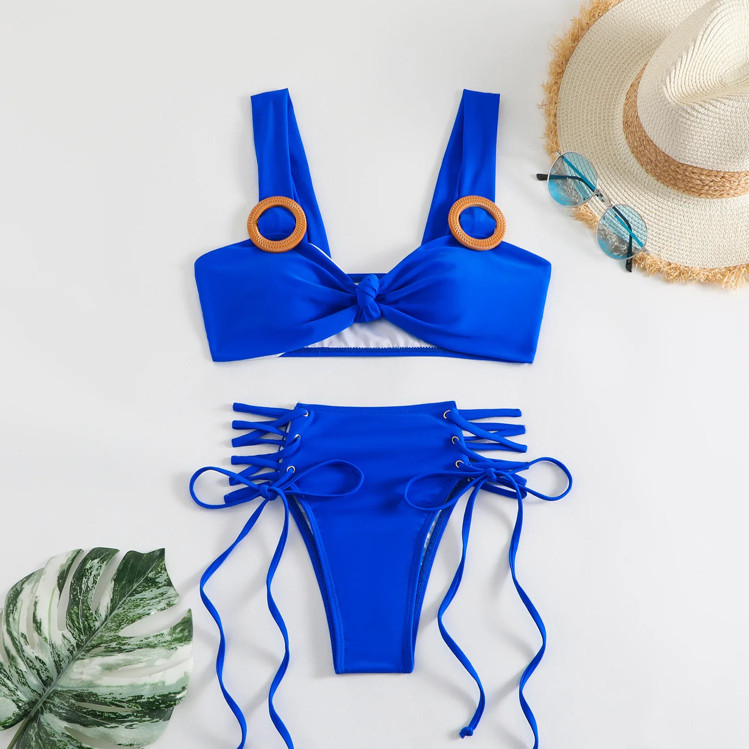 

Sexy Hollow Out Bandage High Waist Bikini Set 2025 Women Blue Front Tie Push Up Two Piece Swimsuit Beach Bathing Suit Swimwear