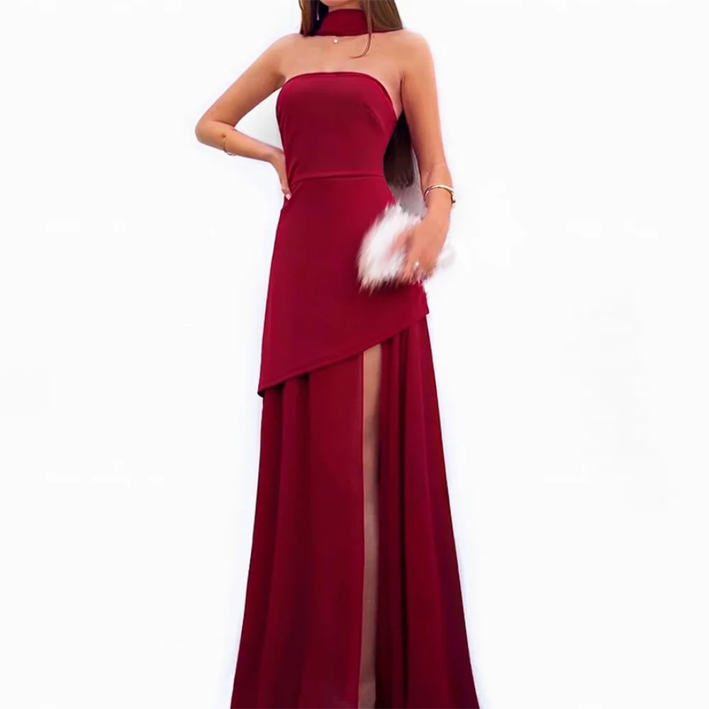 

Customized A-Line Prom Dresses Floor-length Strapless Sleeveless Evening Gown Simple Fashion Side Split Backless Party Gown