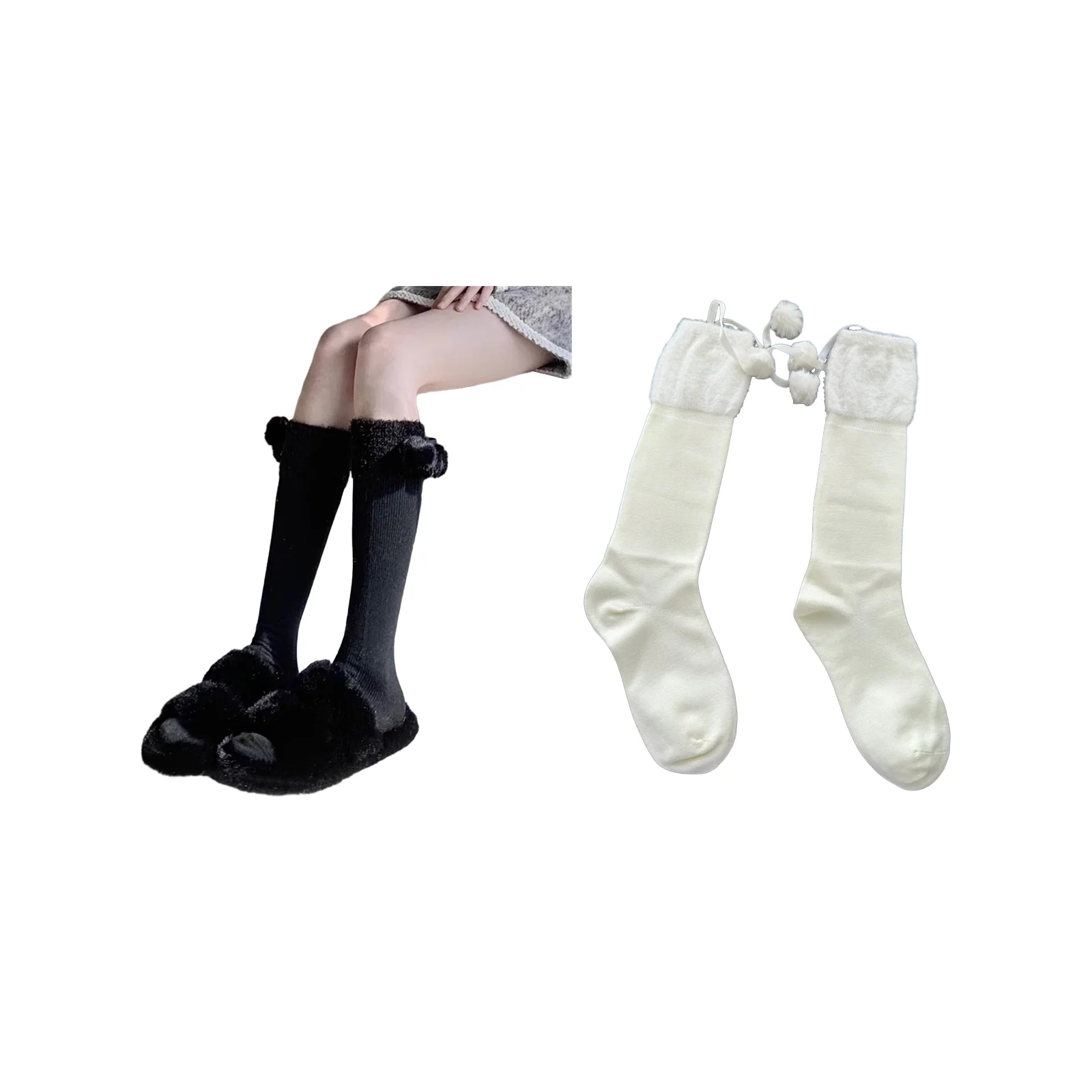 

Японские носки с меховыми помпонами для женщин, черно-белые, 1 пара черных + 1 пара белых.