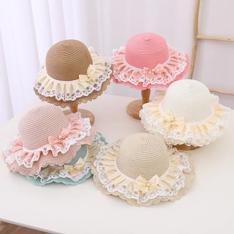 Child Sun Hat Baby Girl Casual Lace Bow Beach Hat Straw Hat Summer Kid Child Holiday Straw Handle Bag Hat Summer Panama