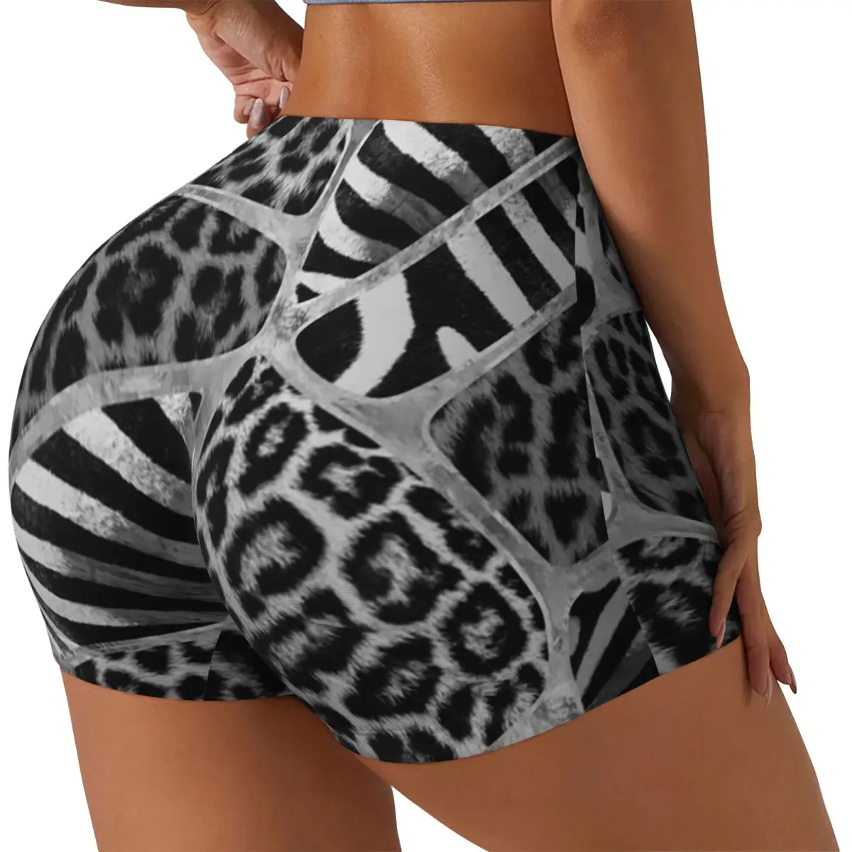 Custom Leopard And Zebra Skin Pattern Workout Running Volleyball Shorts for Women Animal Texture Print Gym Yoga Shorts