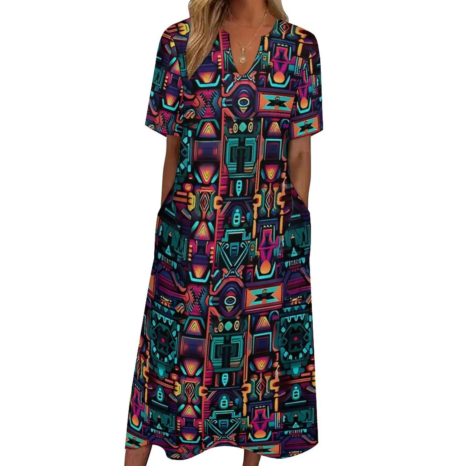 Vintage Aztec Art Pattern Dress  Elegant Maxi Dress V Neck Graphic Boho Beach Long Dresses Street Wear Oversize Vestido