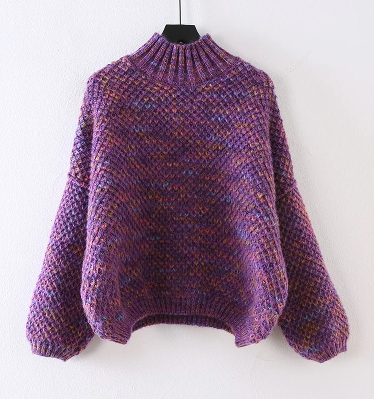 

Осенне-зимний женский утепленный свитер с высоким воротником, свободный крой, вязаный, с объемными рукавами, для повседневной носки, теплый