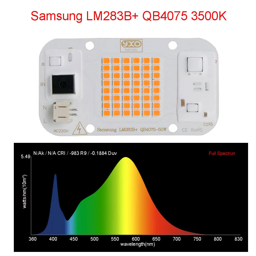 Sam-ng Quantum LED Grow Light LM283B + diodo espectro completo DOB COB 50W LED Grow Chip 3500K 660NM 395NM para semillas de plantas de interior