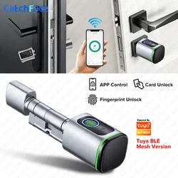 Tuya APP Fingerprint RFID Card Bluetooth Cylinder Lock Biometric Electronic Smart  Door Lock Digital Keyless Replace Lock Home