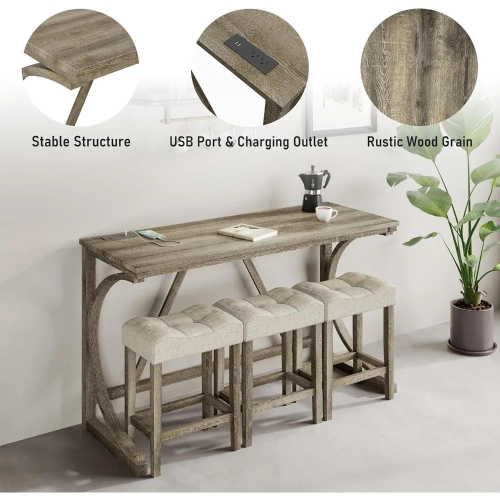 4-teiliges hohes Theken-Bartisch-Set mit Steckdose und 3 stoffgepolsterten Barhockern, hoher Frühstücksecke für die Küche mit Hocker