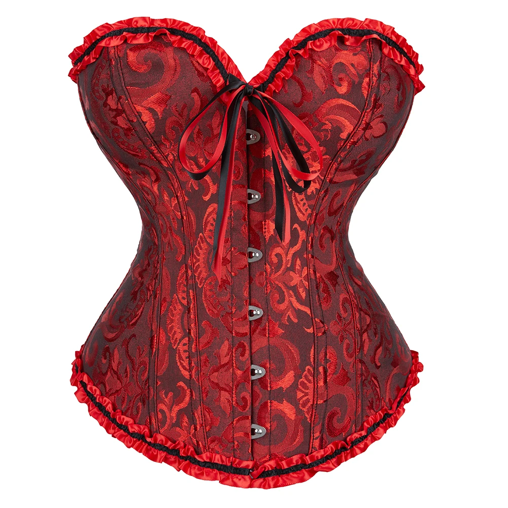 Women Vintage Floral Overbust Corset Gothic Sexy Satin Jacquard Corset Bustier Top Lace Up Body Shaper Fashion Corsets Lingerie