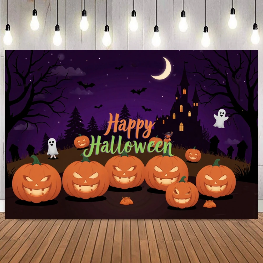 Happy Halloween Photography Background Castle Graveyards Pumpkin Lights Bats Full Moon Ghosts Halloween Party Banner Backdrop