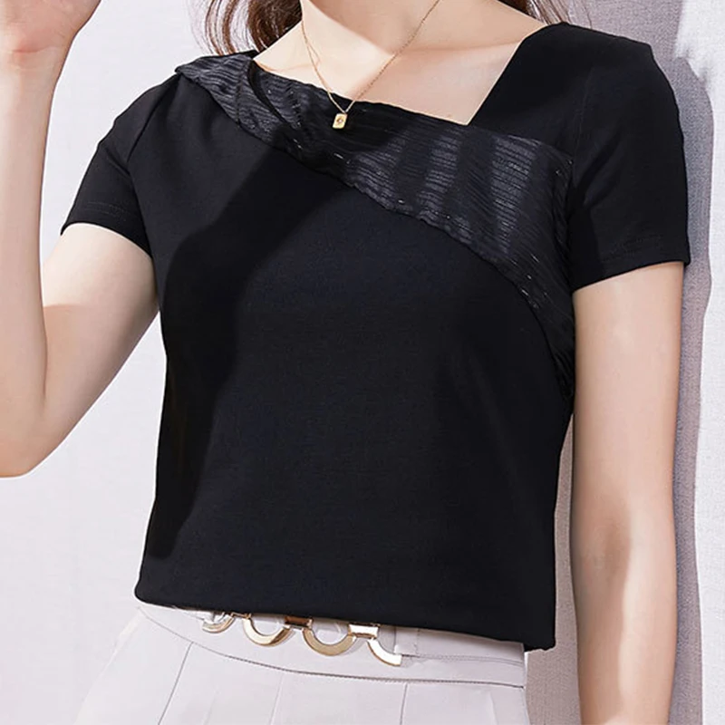 

Elegant Lady Skew Collar Short Sleeve T-Shirts 2025 Summer Stylish Spliced Trim Female Tops Simple All-Match Solid Casual Tees