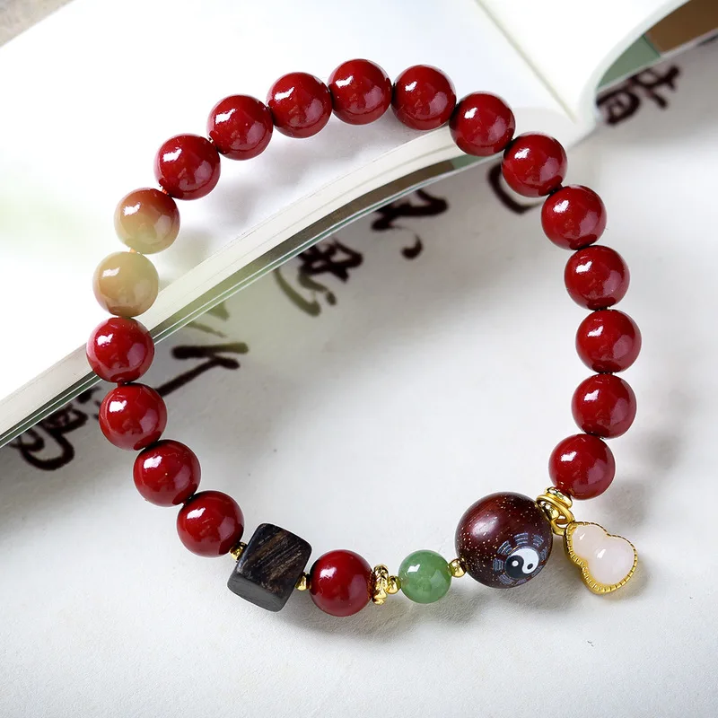Taoist Nine Palaces and Eight Trigrams Beads Ethnic Cinnabar Women's Bracelet Chinese Style Gourd Pendant Bracele