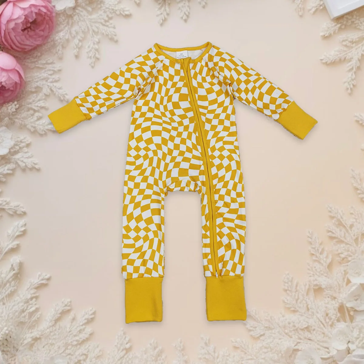 

Baby Infant Boy Sleepers Newborn Bodysuit Kids Long Sleeve Yellow Checkered Zipper Romper Toddler One Piece Jumpsuit Clothes
