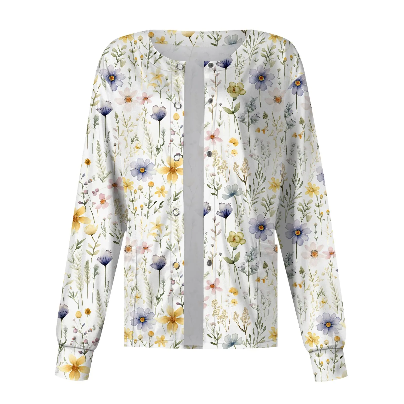 

Female Long Sleeve Flower Printed Pocket Working Single-breasted Protective Overalls Cardigan Casual Soft and Comfy Scrub Top