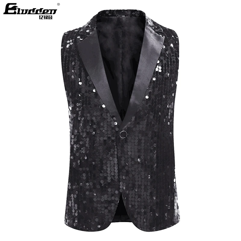 Vestido masculino terno jaqueta colete, Flat Circle Sequins Tx Party Show colete, Notch Lapel Circular Sequins colete