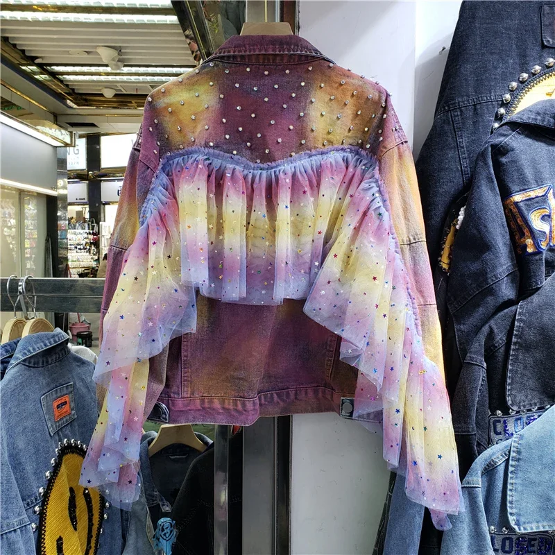 Gradient Color Diamonds Mesh Splicing Pocket Denim Jacket Women Cowboy Outerwear Loose Short Jeans Jacket Coat Female