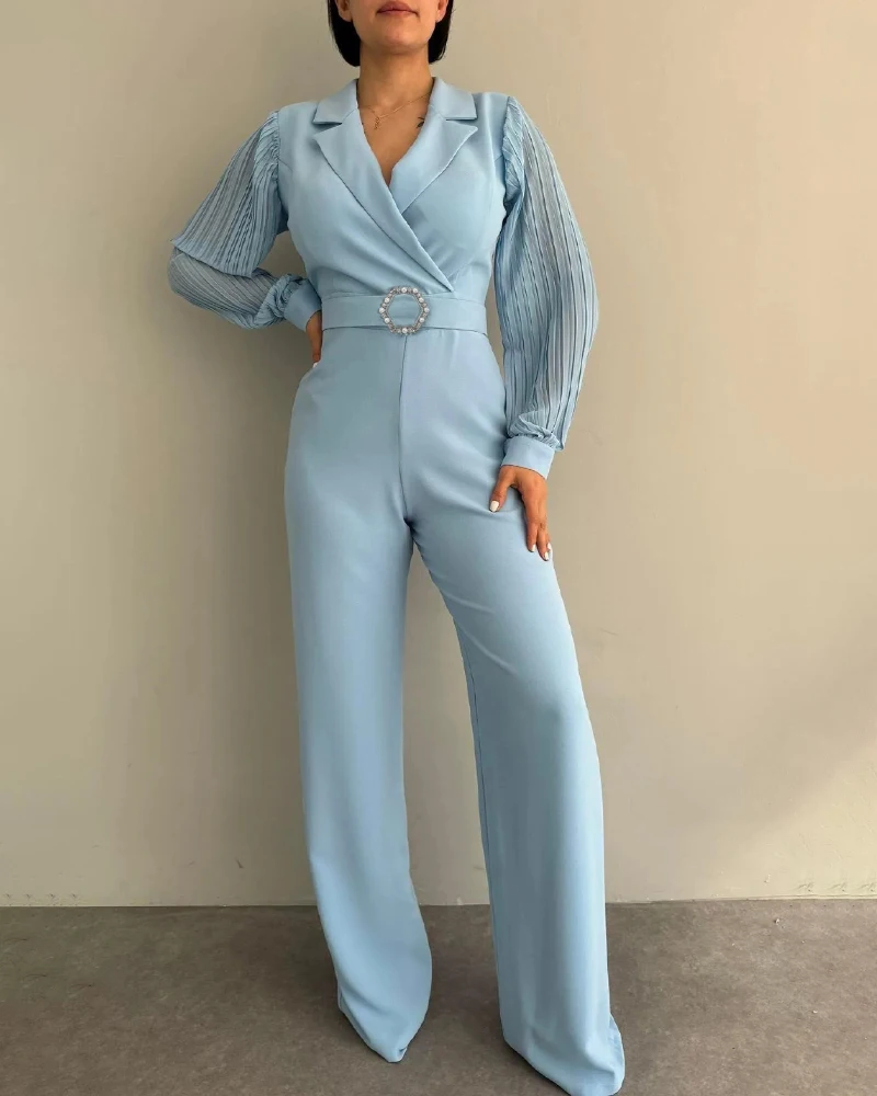 2024 Women Lapel Ruched Long Sleeve Wide Leg Jumpsuit Casual One Piece Outfits with Belt