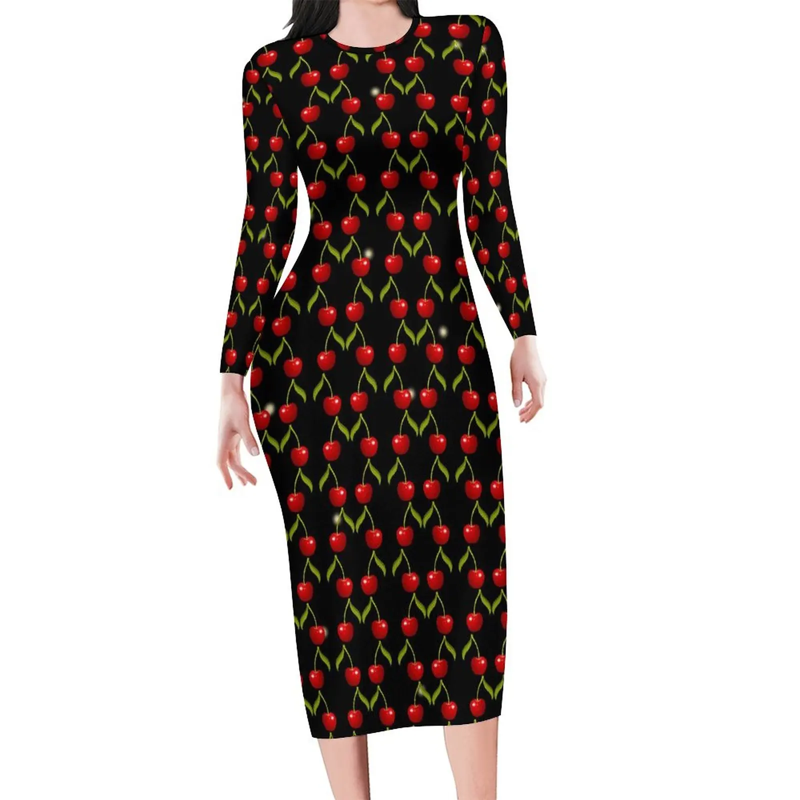 Glänzende Kirschen Bodycon Kleid Herbst rote Frucht drucken Nachtclub Kleider Frau Langarm Grafik Street Fashion Kleid groß