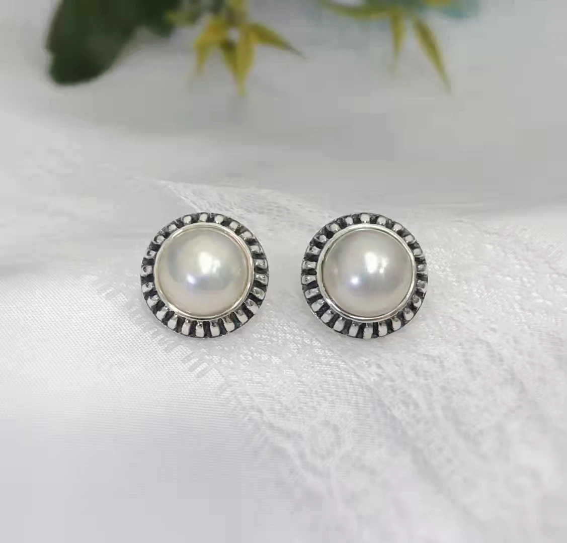 

New 925 Sterling Silver Vintage Original Seawater Mapei Pearl Stud Earrings Temperament Versatile Fashion