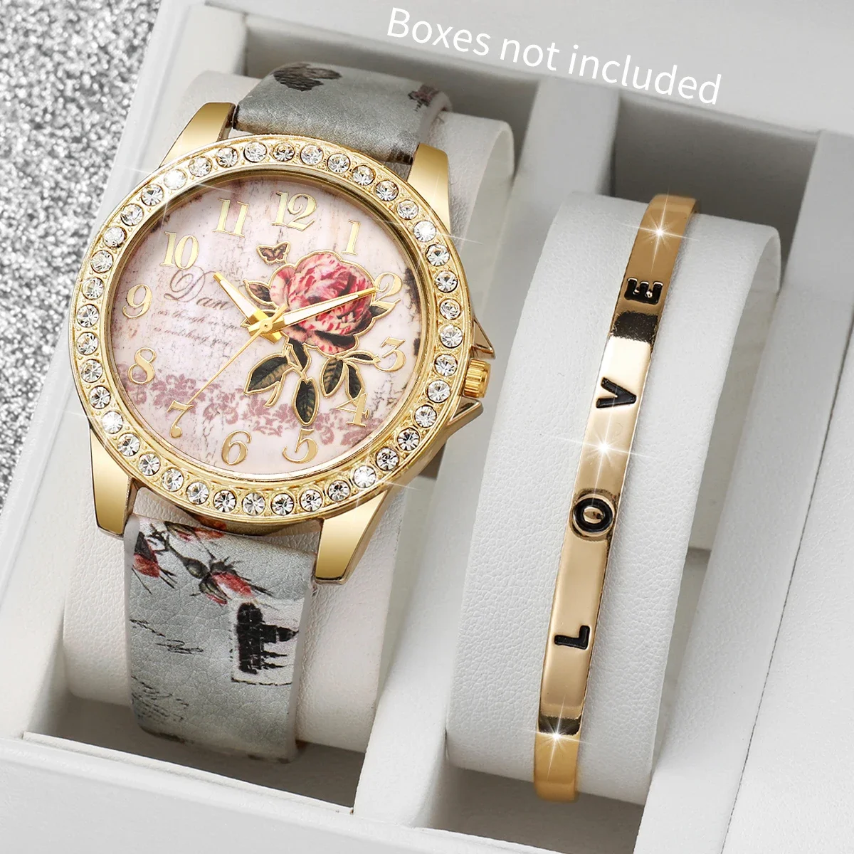 2 قطعة/المجموعة النساء الساعات السيدات حزام من الجلد كوارتز ساعة موضة حجر الراين سوار مجموعة Reloj Mujer (بدون صندوق)