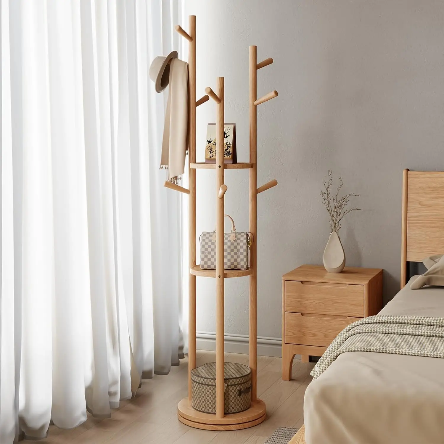 Solid Wood Rotary Freestanding Coat Rack With 3 Shelves & 9 Hooks For Bedroom Entryway Living Room (Natural)