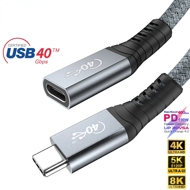 

40Gbps 8K Braided USB4 Type C Male to Female Extension Cable Thunderbolt4 Monitor PD 100W Fast Charge Data USB4.0 Extender Cable