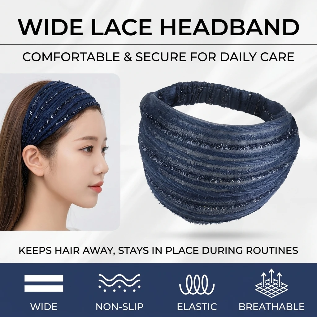 Wide Lace Headband For Women Extra Wide Elastic Anti Slip Design Effective Coverage For Facial Washing Skincare Makeup Use