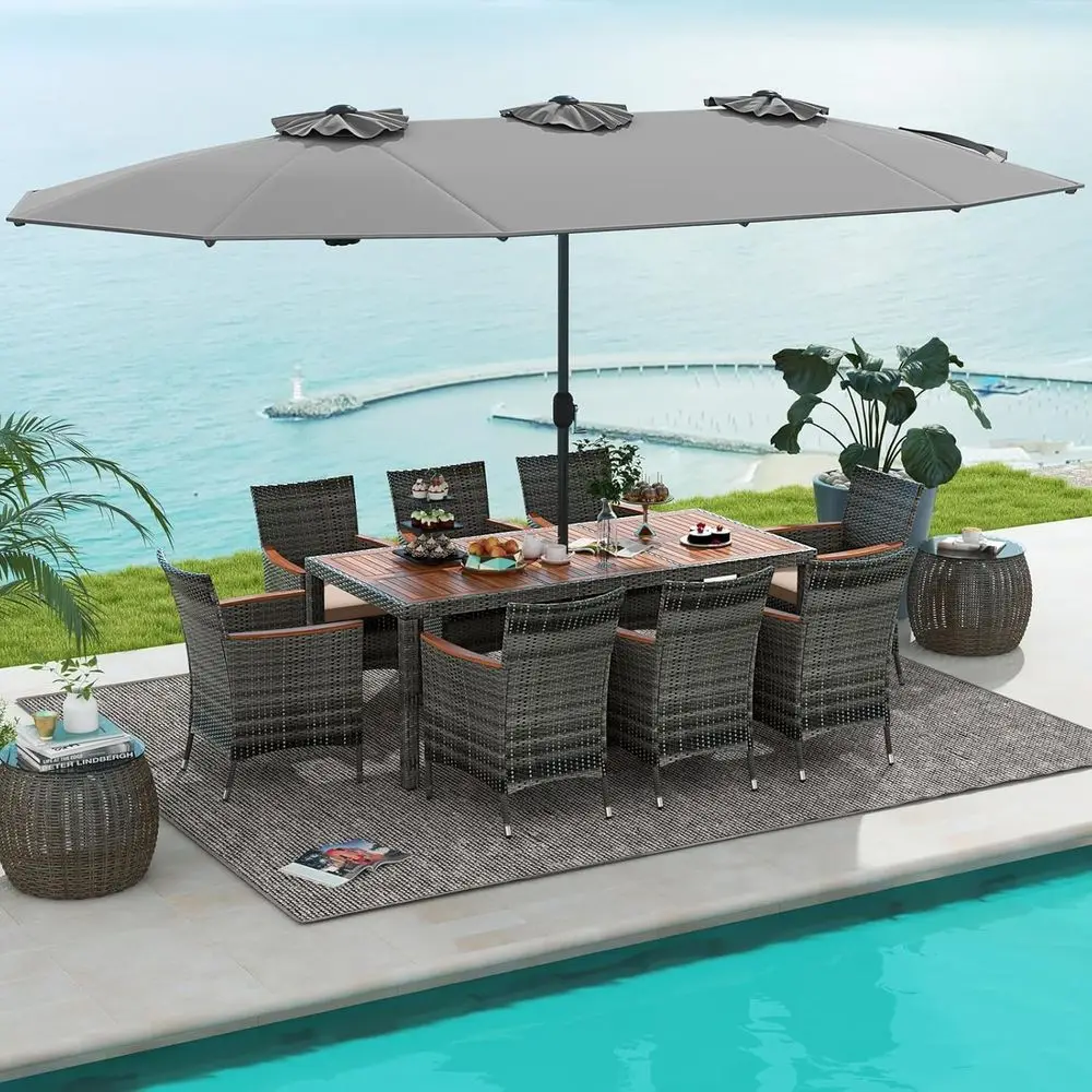 

10-Piece Outdoor Wicker Dining Set with Double-Sided Umbrella, Acacia Wood Furniture, 71 Table & 15' Umbrella Base (Gray)