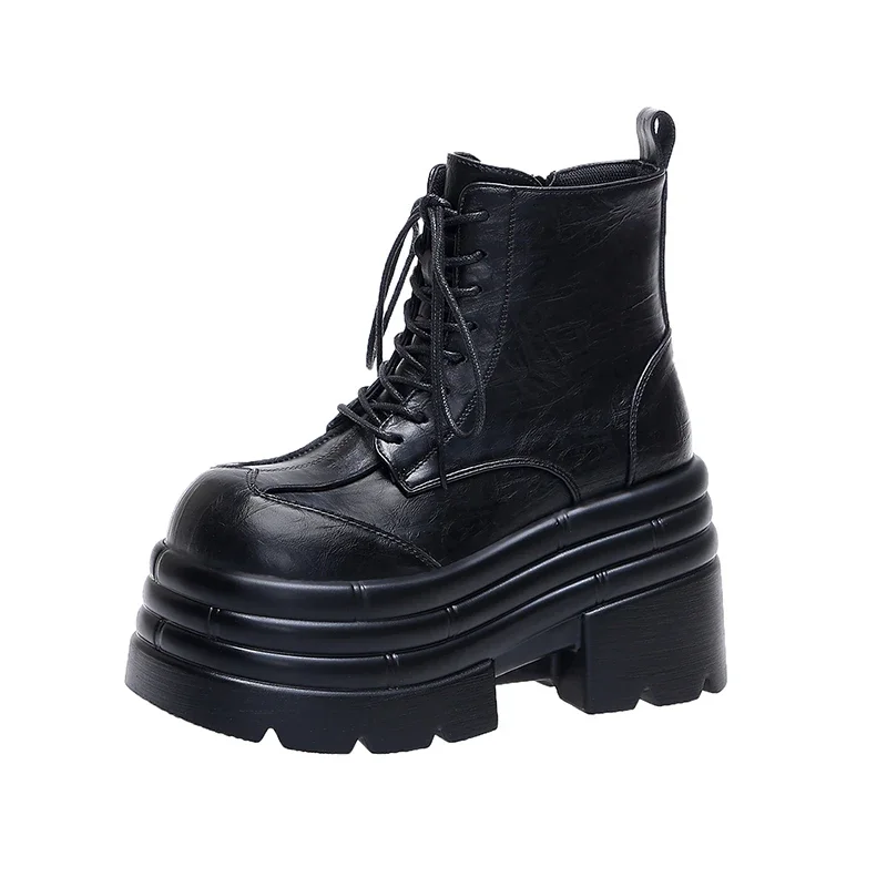 

New Women High Platform Boots Gothic Leather Punk Shoes Female Ankle Short Combat Boots 10CM Wedge Heels Chunky Motorcycle Boots