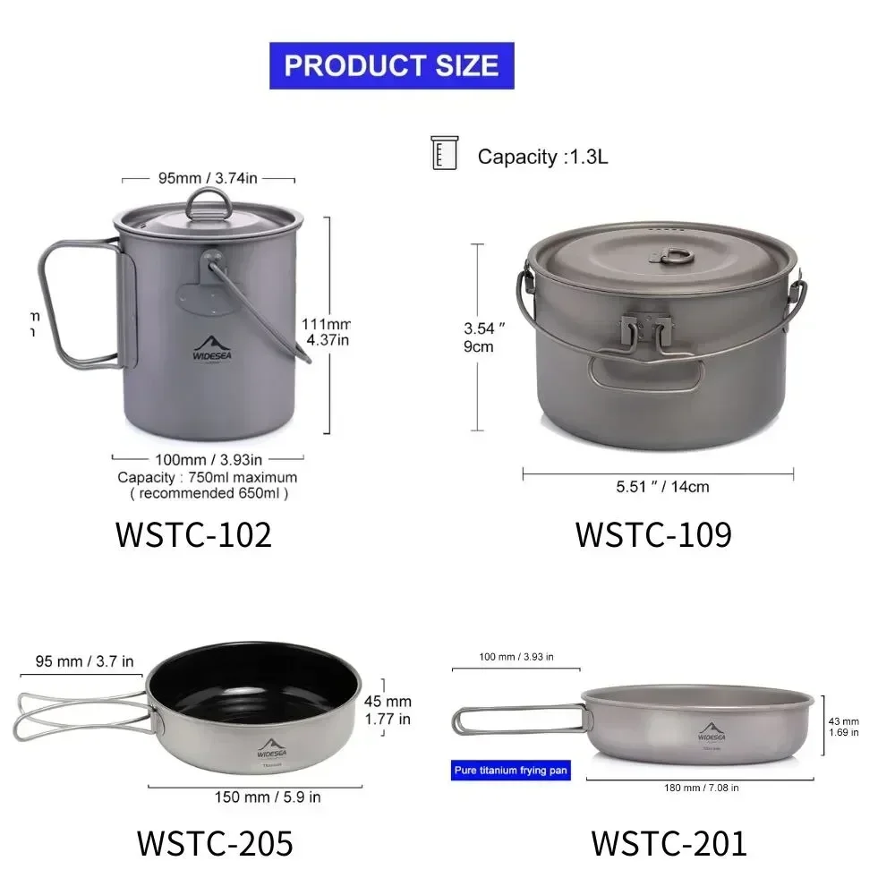 Widesea Camping Tableware Titanium Cookware Set Tourism Cauldron Outdoor Cooking Pot Frying Pan Picnic Kitchen Hiking Trekking