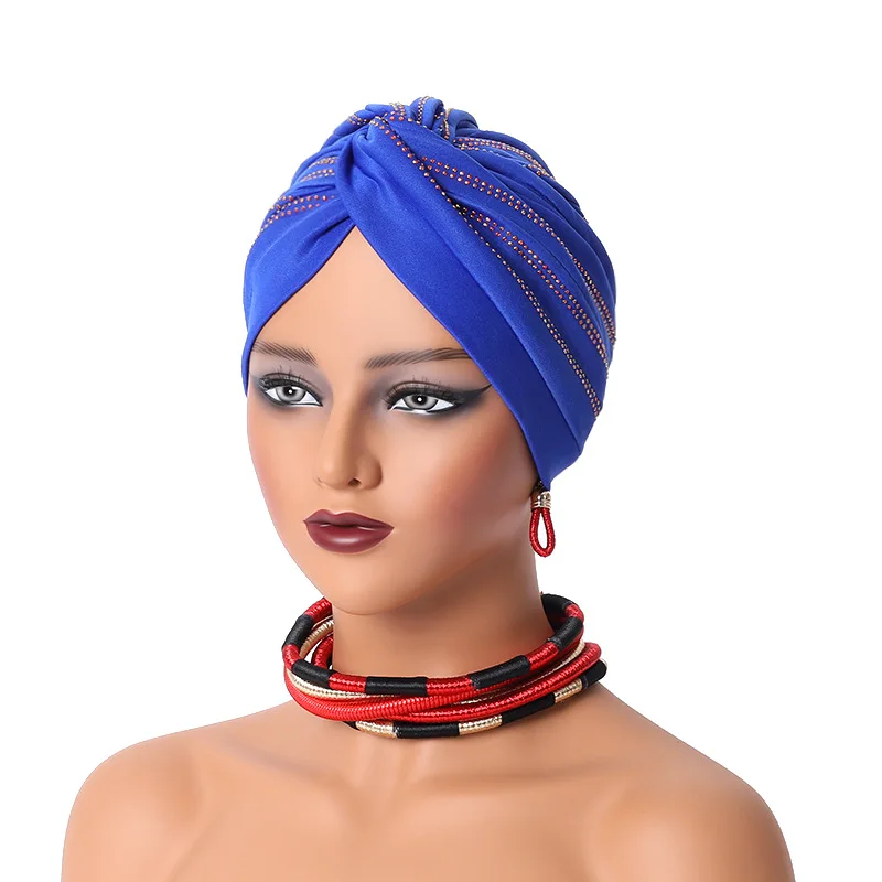 Pañuelo musulmán para la cabeza para mujer, gorro de quimio, gorro envolvente para la cabeza, turbantes Hijab, sombreros para la pérdida de cabello de la India africana, gorros plisados con diamantes brillantes