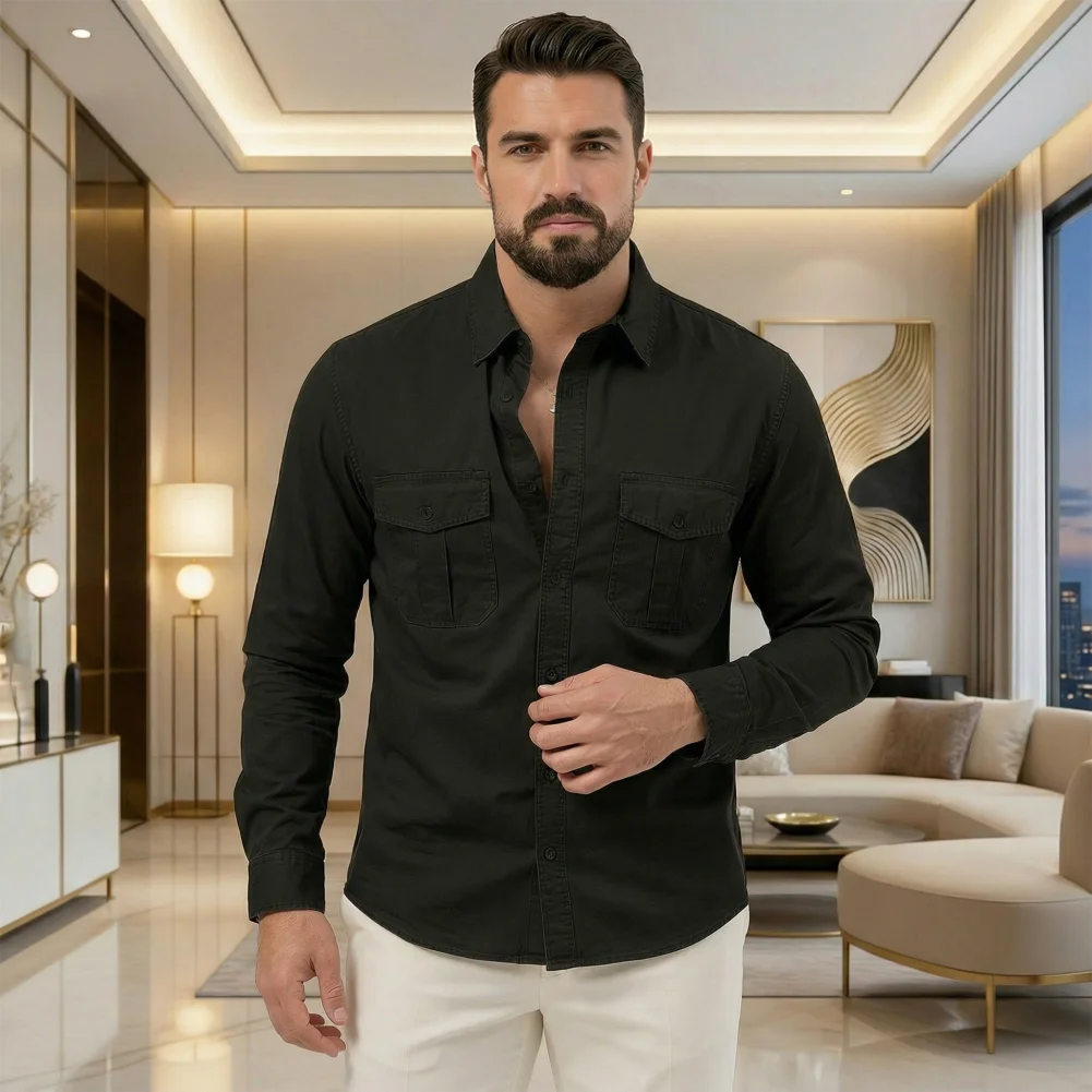 

Men Shirt Men's Lapel Long Sleeve Shirt with Buttons Pockets Loose Fit Pure Color Top Versatile Casual Daily Wear Shirt