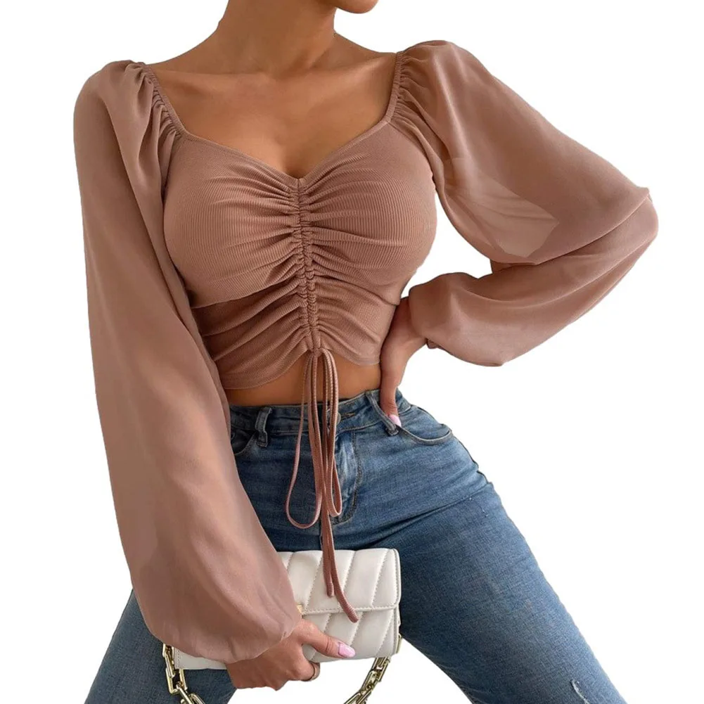 Sexy Summer Chiffon Blouses Women Solid Color Streetwear Puff Sleeve V-Neck Drawstring Hot Tees Crop Tops Blouse Female Clothing