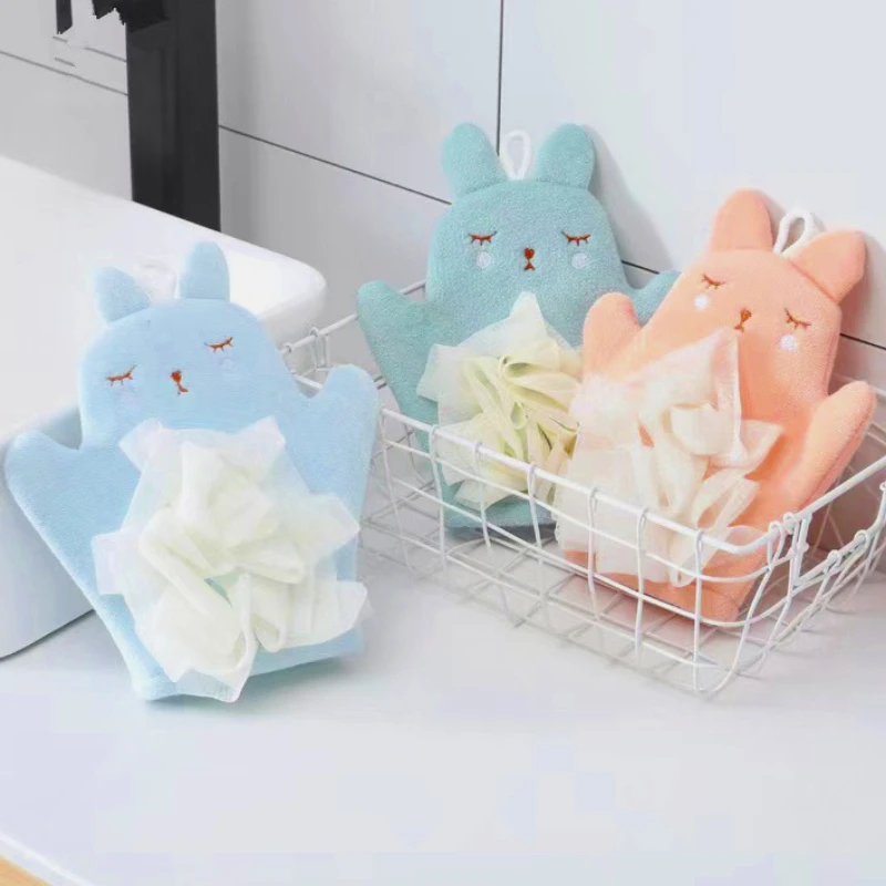 Cartoon Rabbit Baby Bath Gloves Cotton Bath Towel for Children Kids Cute Two-sided Plush Bath Brushes Comfortable Shower Sponge