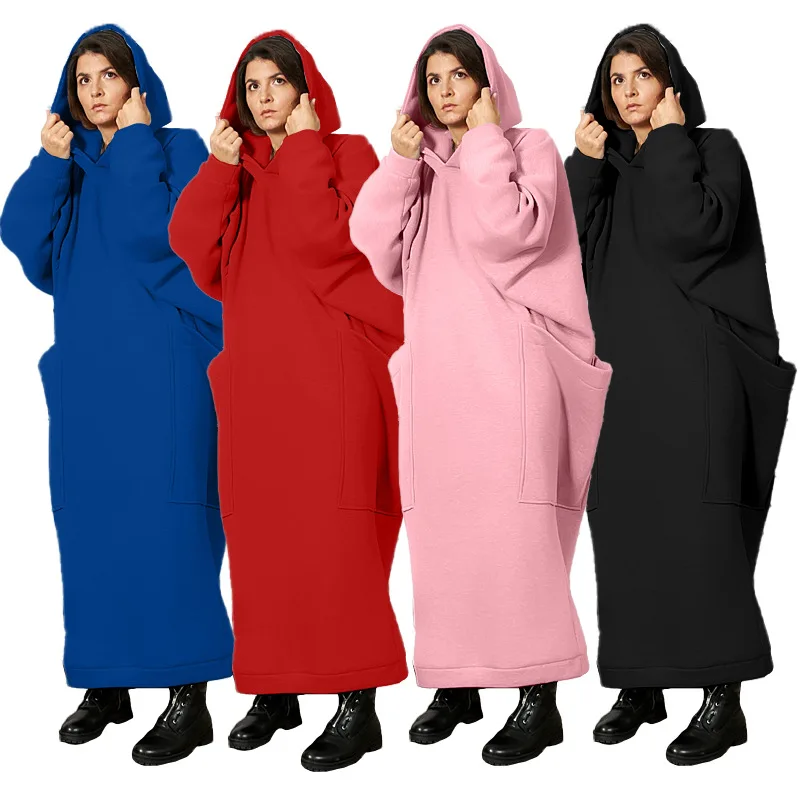 

Large Pocket Plus Size Hoodies Long Dress 2023 Autumn Winter Solid Color Fleece Loose Casual Hooded Sweatshirt