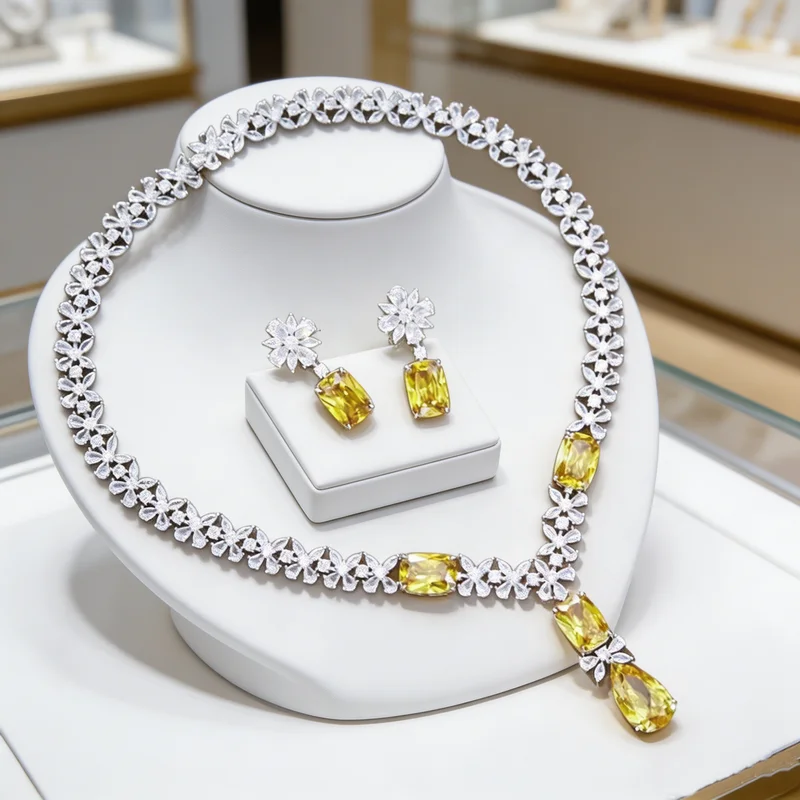 

Luxury Style Earrings Necklace Women Lady Inlay Yellow Pink Cubic Zircon Marquise Cut Chain Wedding Party Fine Jewelry Sets