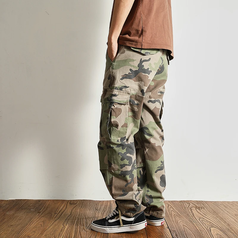 Heavy retro casual pants Men's fashion brand loose stretch woven straight leg trend camouflage overalls