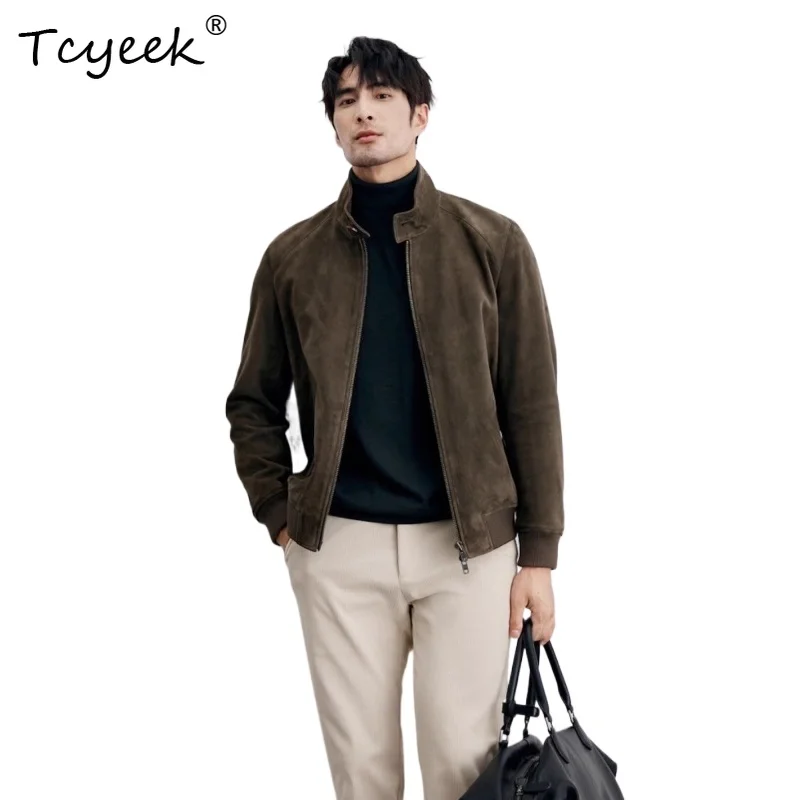 

Tcyeek Натуральная овчина Осень Зима Высококачественная модная зеленая мужская куртка с воротником-стойкой Куртка Кожаная Мужская