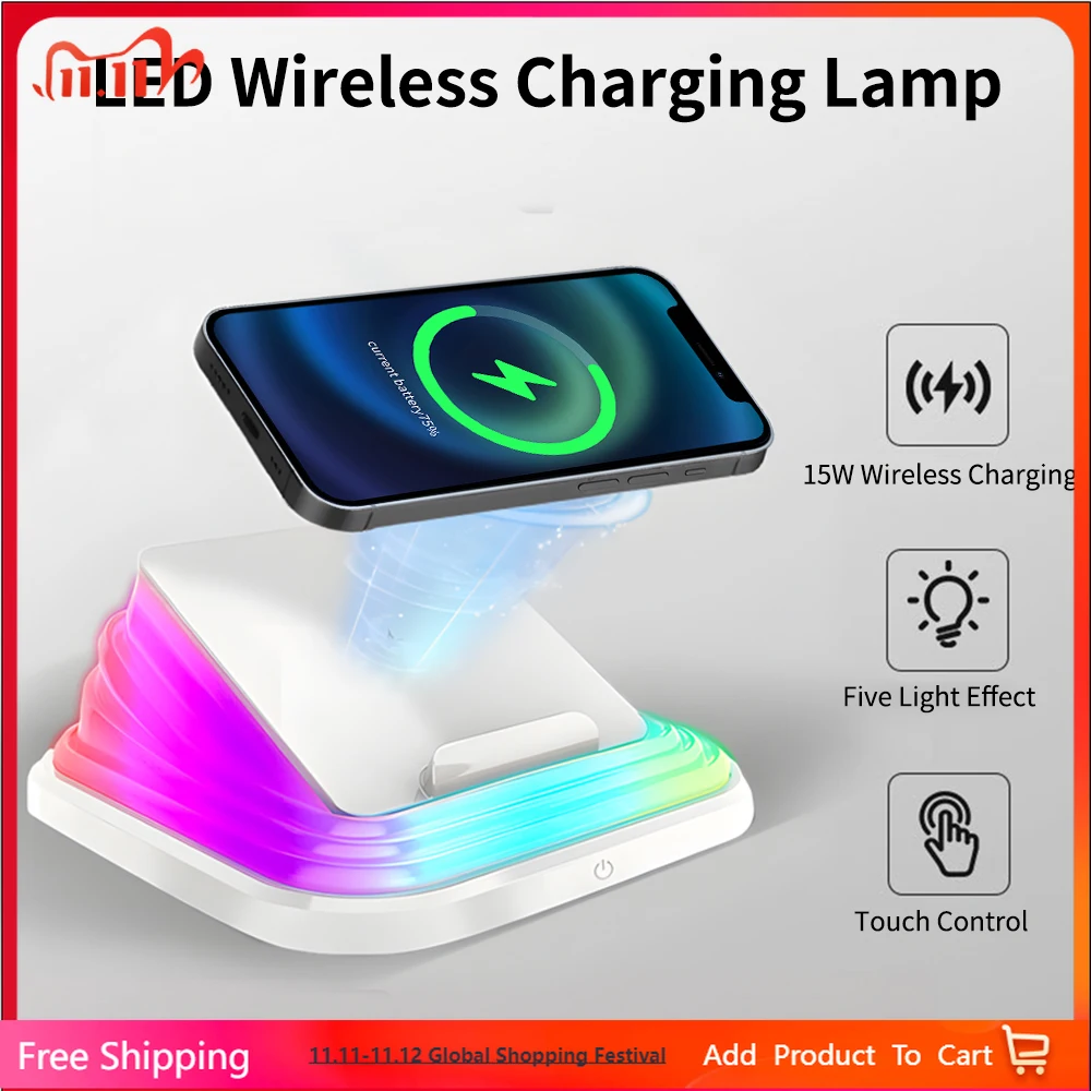 4-Color 15W Magnetic Wireless Charging Night Light, Adjustable Bedside Lamp for Bedroom, Office, Gift