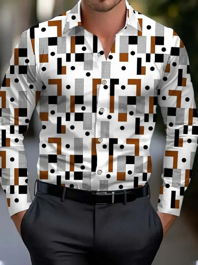 Men's Shirt Regular Lapel Shirt Men's 3d Printing Triangle Geometric Printing Casual Street Long Sleeve Fashion Printed Shirt