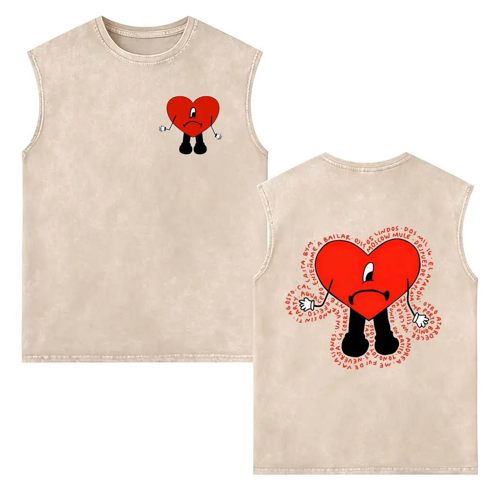 Rapper Bad Bunny Washed Sleeveless Vest T-shirt Debi Tirar Mas Fotos DTMF Tshirt Men Women Fashion Hip Hop Oversized Tank Tops