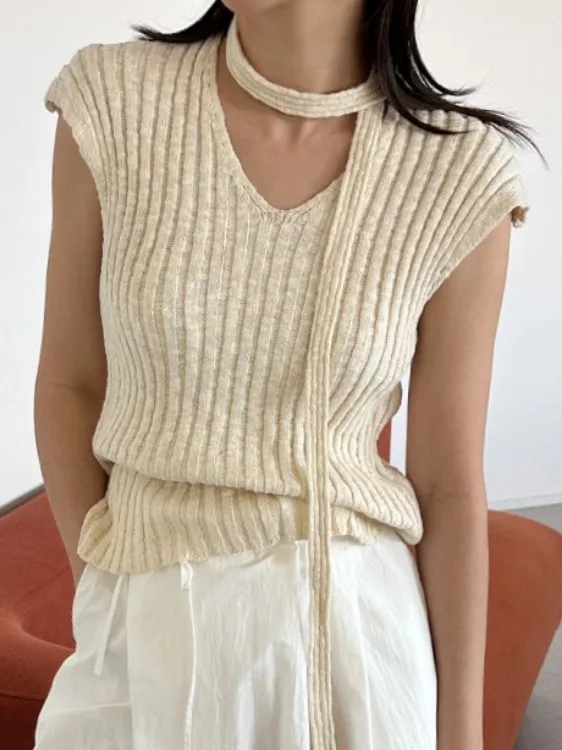 Suéter de malha f estilo simples verão novo emaecimento top pescoço pendu faixa padrão t moda casual wear