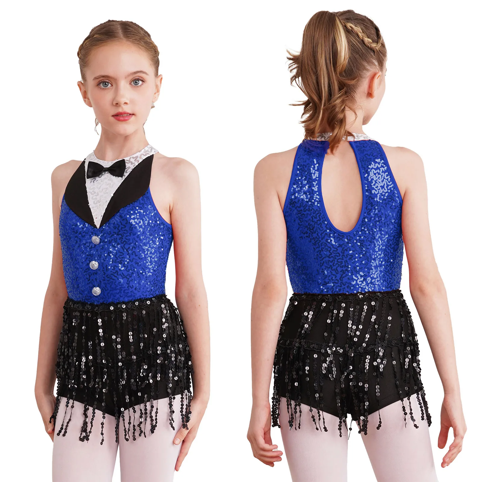 Kinder Mädchen Jazz Latin Dance Performance Kostüm Overall ärmellose Pailletten Quaste Trikot Boy shorts Rumba Cha Cha Dance wear