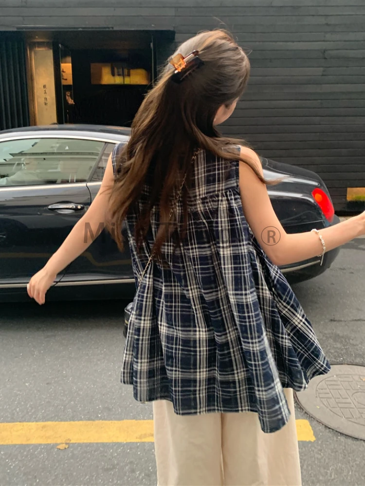 Japan Fashion Plaid Mid Length Shirts Women Summer New Loose Sweet Tops Streetwear Cute All Match Design Sense Sleeveless Top