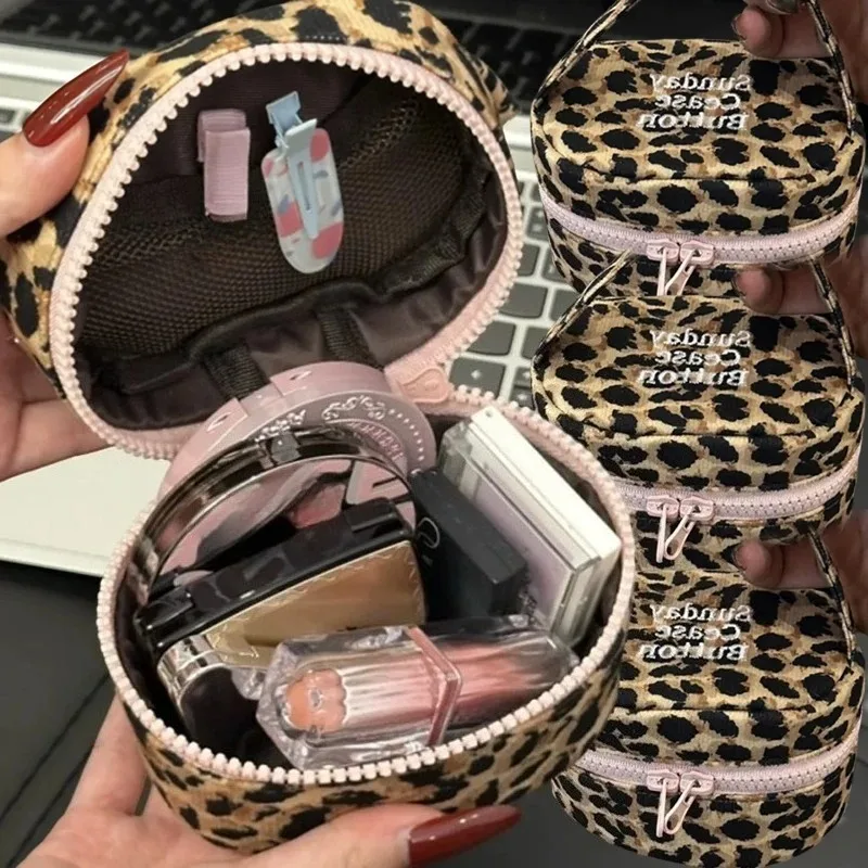 y2K Cute Pink Leopard Print Storage Of Small Items Bag Large Capacity Travel Portable Cosmetics Bags Camera Organizer