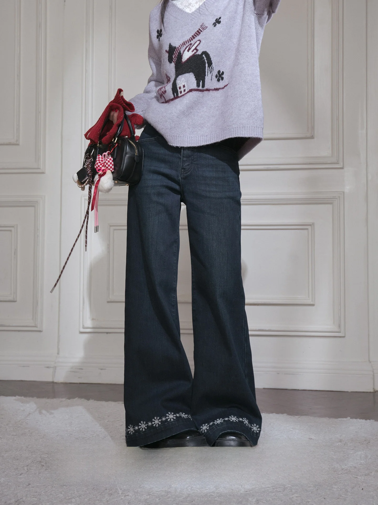 

COTRE Fce Lined Thermal Jeans Midnight Blue Embroidery Crt Thi Stretchy Denim Casual Low Waist Zipper Closure Autumn W...