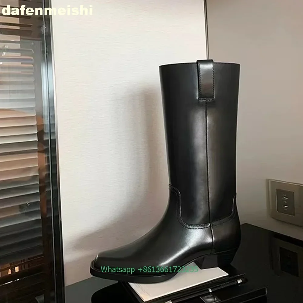 

2025 Autumn Winter New Square Toe Thick Heel Thick Bottom Mid-Calf Boots Knee-High Long Boots Women Black Slip On Knight Boots